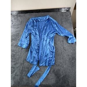 VTG Victoria’s Secret Blue Satin Robe Long Sleeve Tie Waist Sleepwear One Size